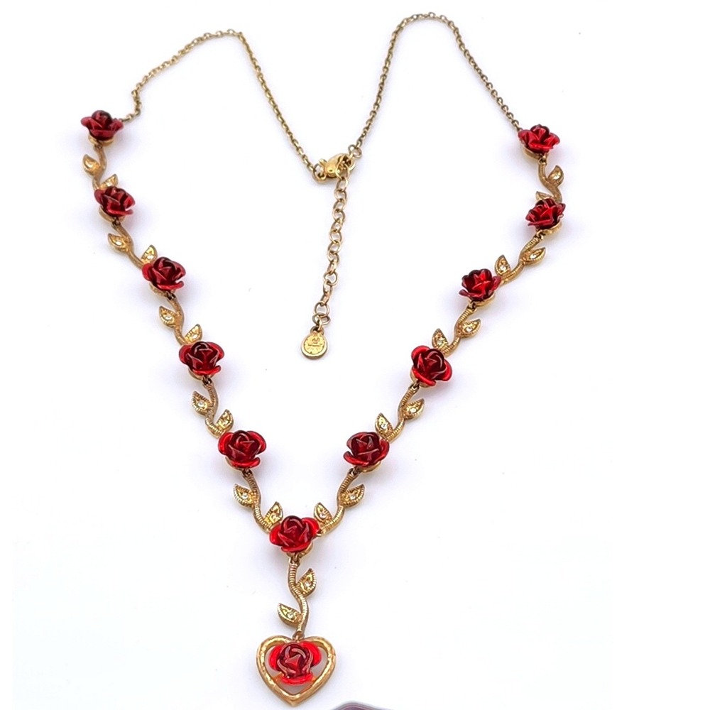 Danbury Mint Dozen Roses Drop Heart Necklace 24kt Gold Plated Y-Shape Floral
